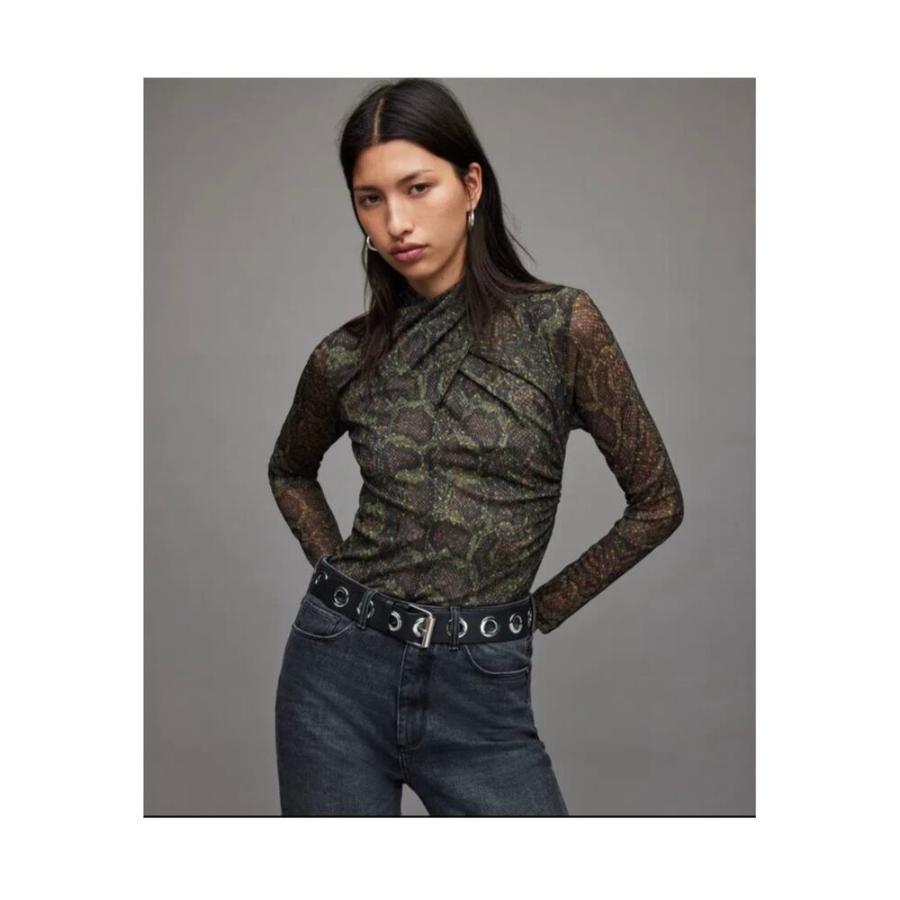 AllSaints Tia Tamora Blouse Womens 6 Green Snake Print Mesh Wrap Top Long Sleeve